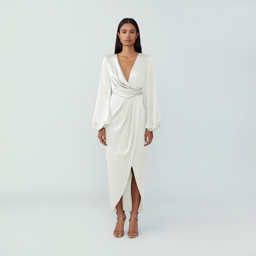 Fame & Partners Midi Long-Sleeve Wrap Dress in White, Size 8